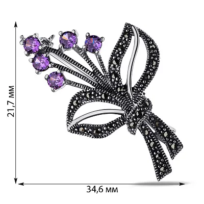Срібна брошка з аметистом і марказитами (арт. 7405/198мркА)