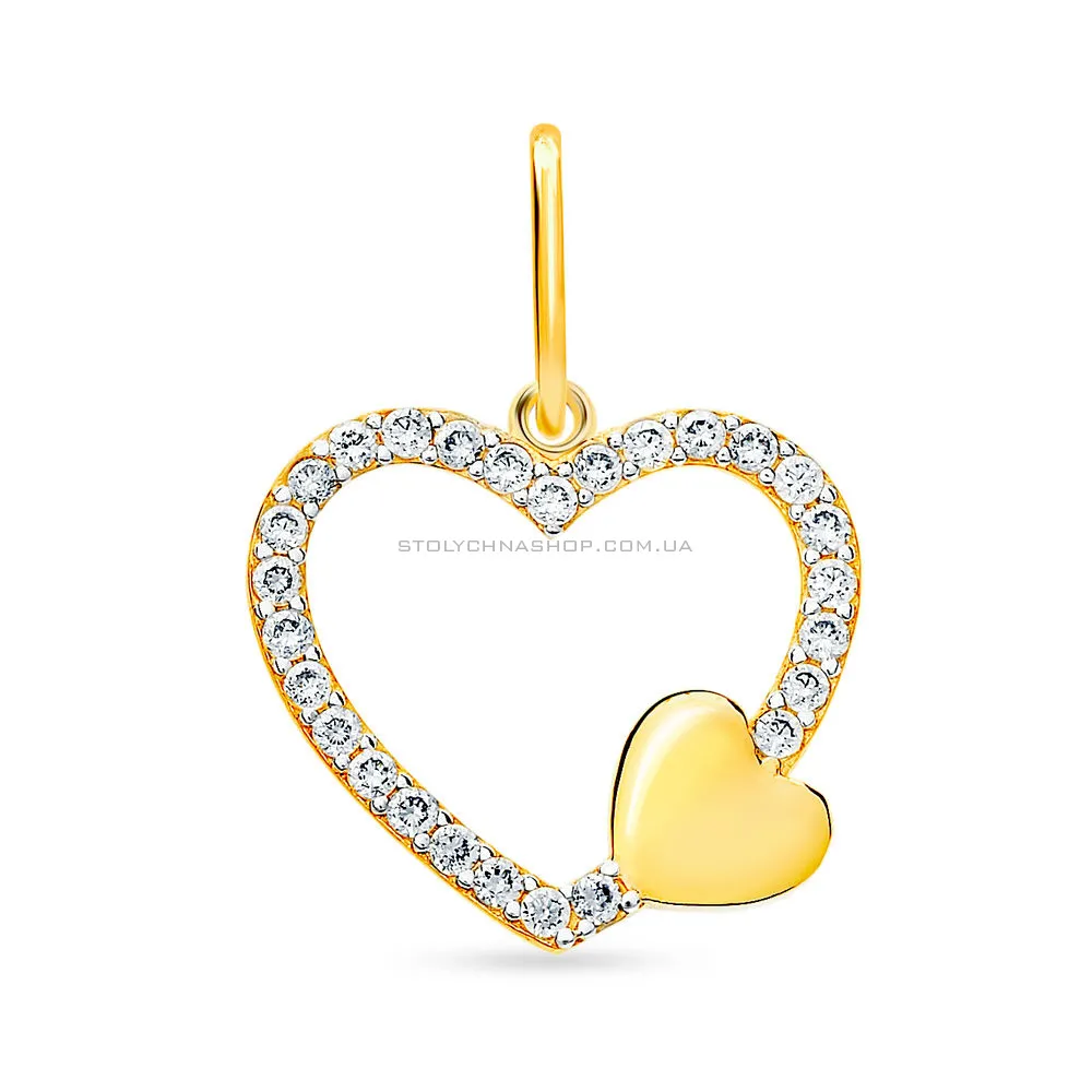 Золотая подвеска «Два сердца» с фианитами (арт. 422677ж) - цена