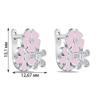 Дитячі срібні сережки "Квіти" з рожевою емаллю і з фіанітами (арт. 7502/4311ер)