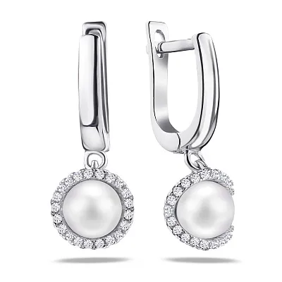 Срібні сережки з перлами і фіанітами (арт. 7502/3607жб)