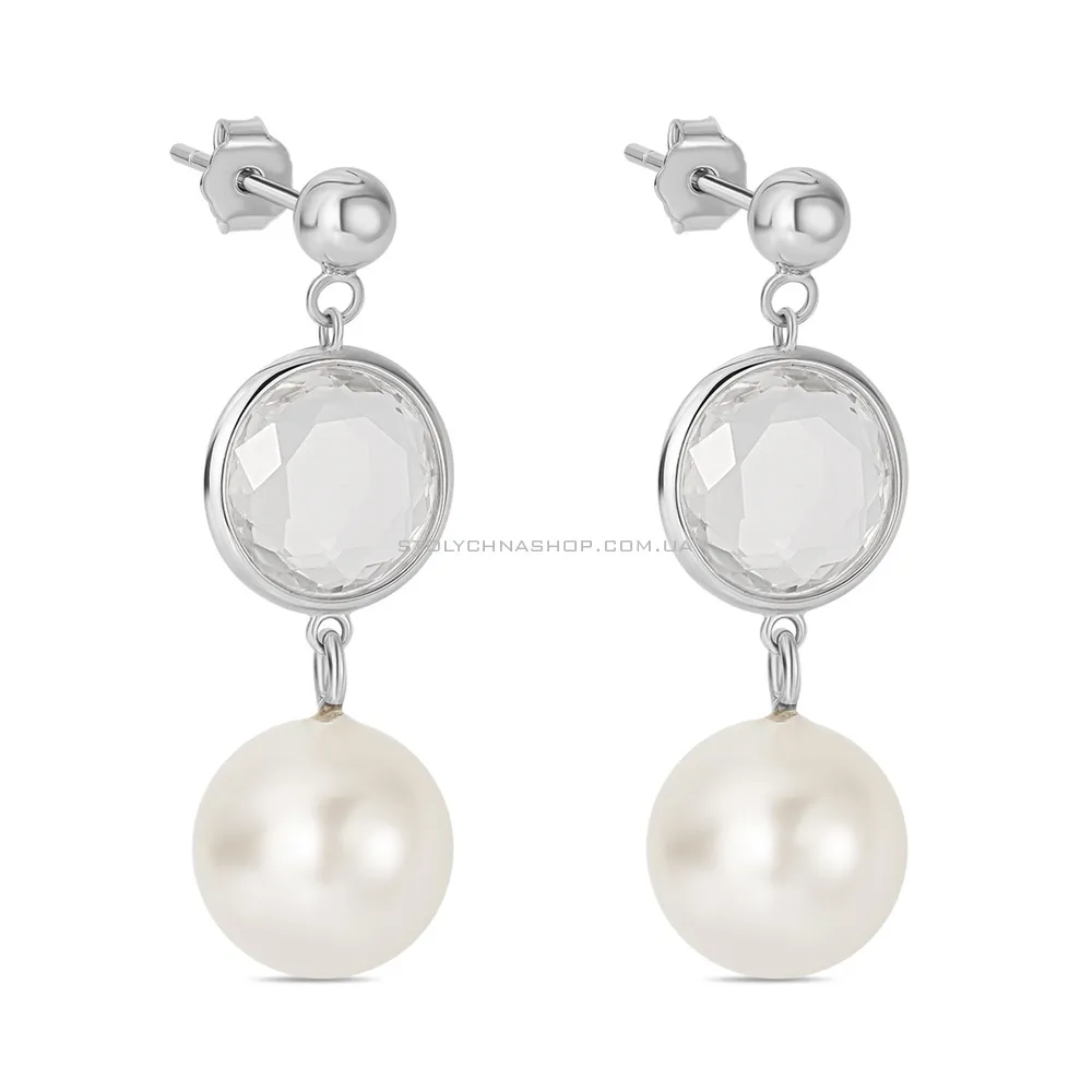 Сережки-підвіски з перлами і фіанітами зі срібла (арт. 7518/5688жб) - цена