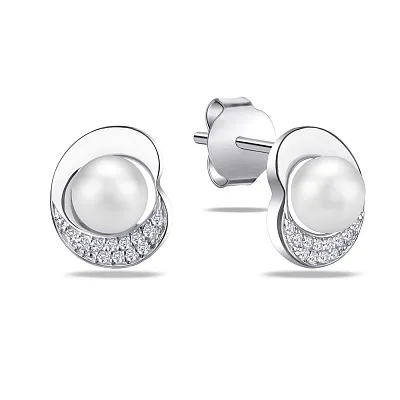 Срібні сережки пусети з перлами і фіанітами (арт. 7518/5297жб)
