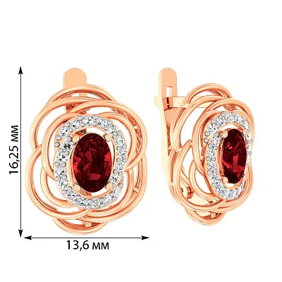 Сережки з червоного золота з гранатом і фіанітами (арт. 110420Пк)