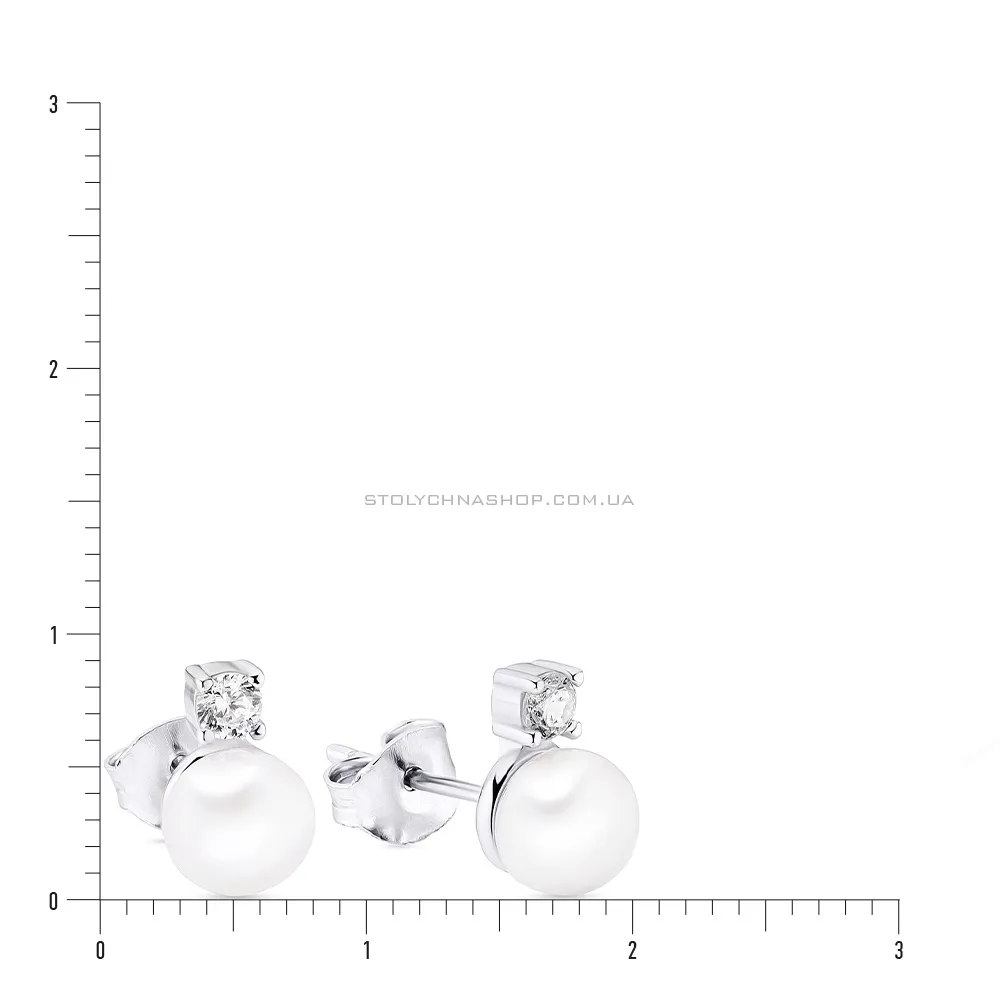 Срібні сережки пусети з перлами і фіанітами (арт. 7518/5353жб) - 2 - цена