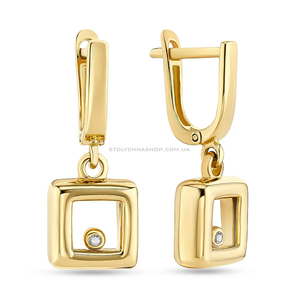Золотые серьги с подвесками «Квадраты» с фианитами (арт. 107886ж) - цена