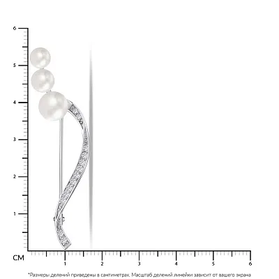 Срібна брошка з перлами та фіанітами (арт. 7505/147жб)