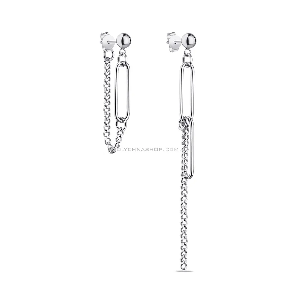 Асиметричні сережки-пусети зі срібла з ланцюжками Trendy Style (арт. 7518/6137)