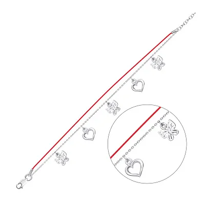 Серебряный браслет с красной нитью и подвесками (арт. 7309/4686р)