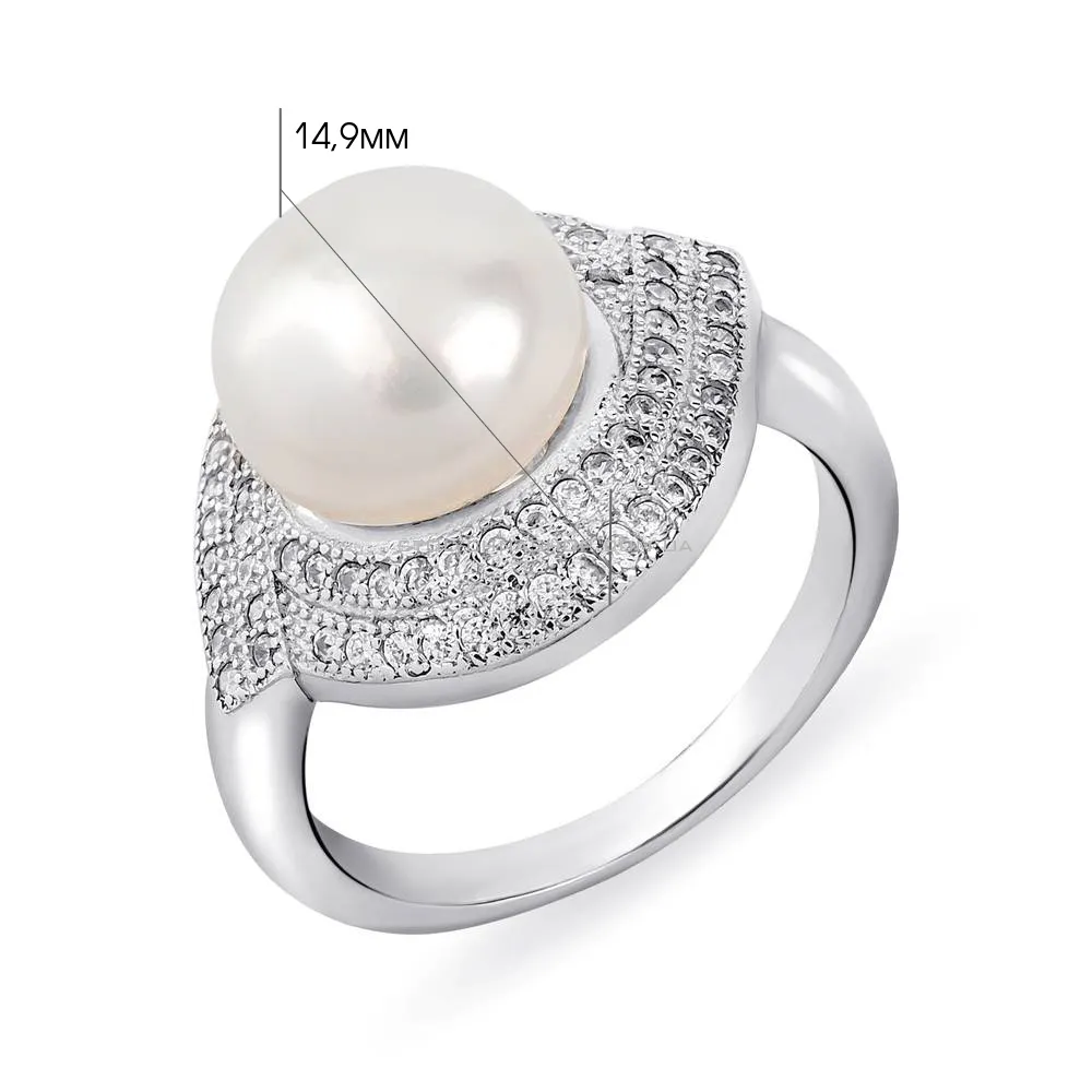 Серебряное кольцо с жемчугом и фианитами  (арт. 05012679) - 2 - цена