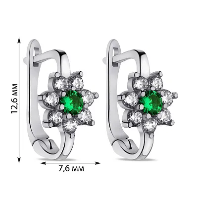 Сережки срібні Квітка з зеленими альпінітами і фіанітами (арт. 7502/9473аз)