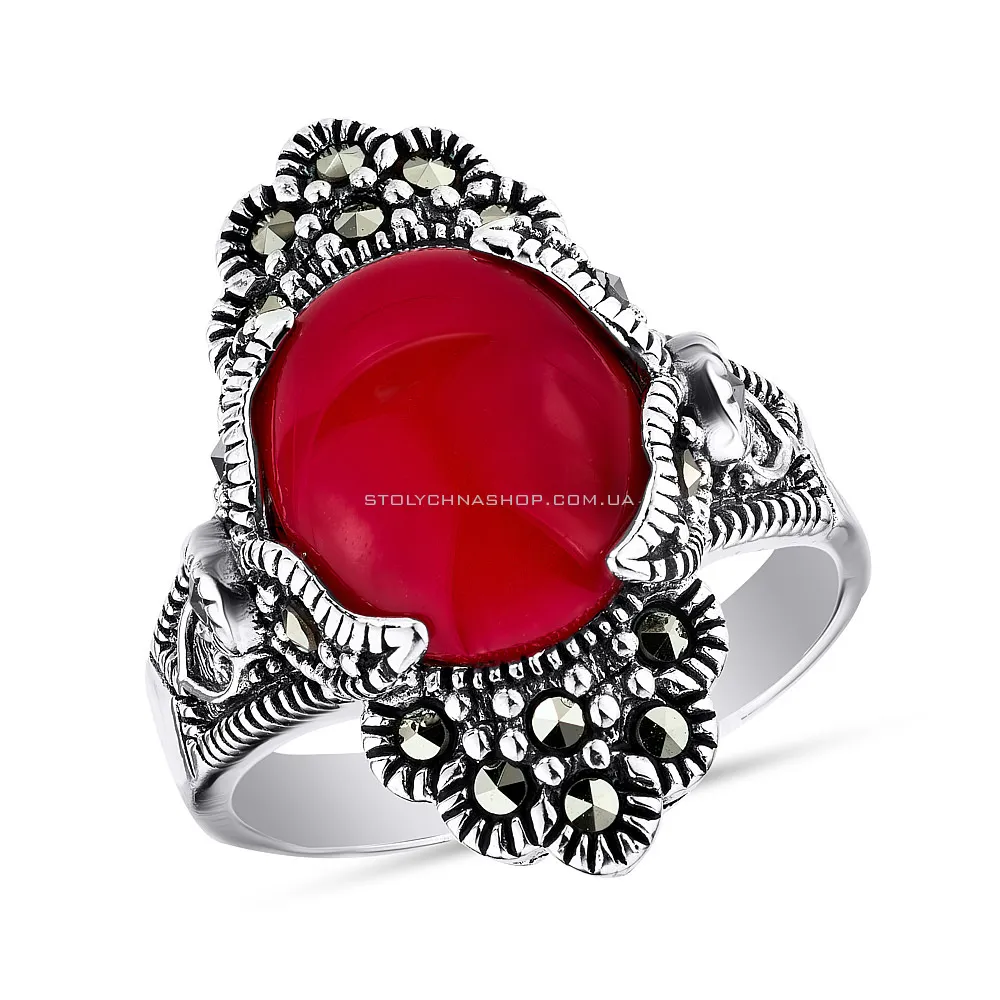 Серебряное кольцо с кораллом и марказитами (арт. 7401/220мркКрк) - цена
