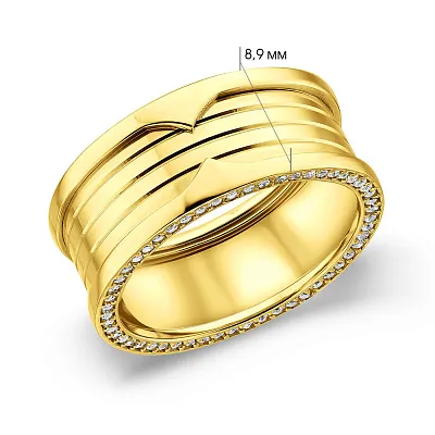 Широкое кольцо из желтого золота с фианитами (арт. 155458ж)