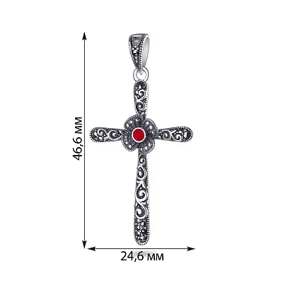 Хрестик зі срібла з коралом і марказитами (арт. 7403/2868мркКрк)