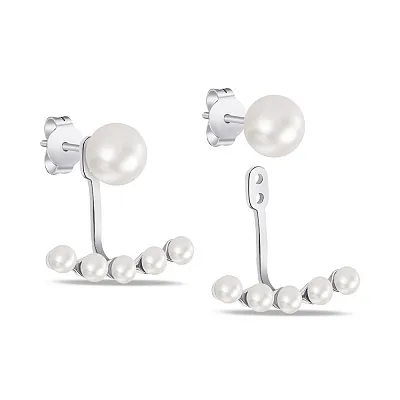 Срібні сережки-джекети з перлами (арт. 7518/0715.10жб)
