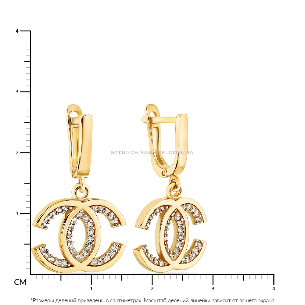 Золотые сережки-подвески с фианитами (арт. 107534ж) - 2 - цена