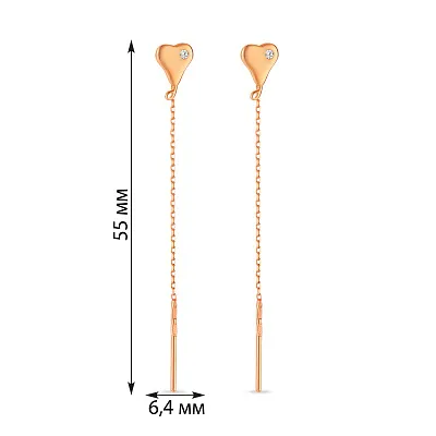 Золотые серьги-цепочки «Сердечки» с фианитом (арт. 107342)