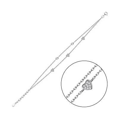 Подвійний браслет зі срібла з сердечками і з фіанітами  (арт. 7509/3256)