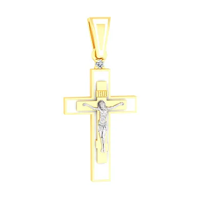 Хрестик з жовтого золота з білою емаллю (арт. 501091жеб)