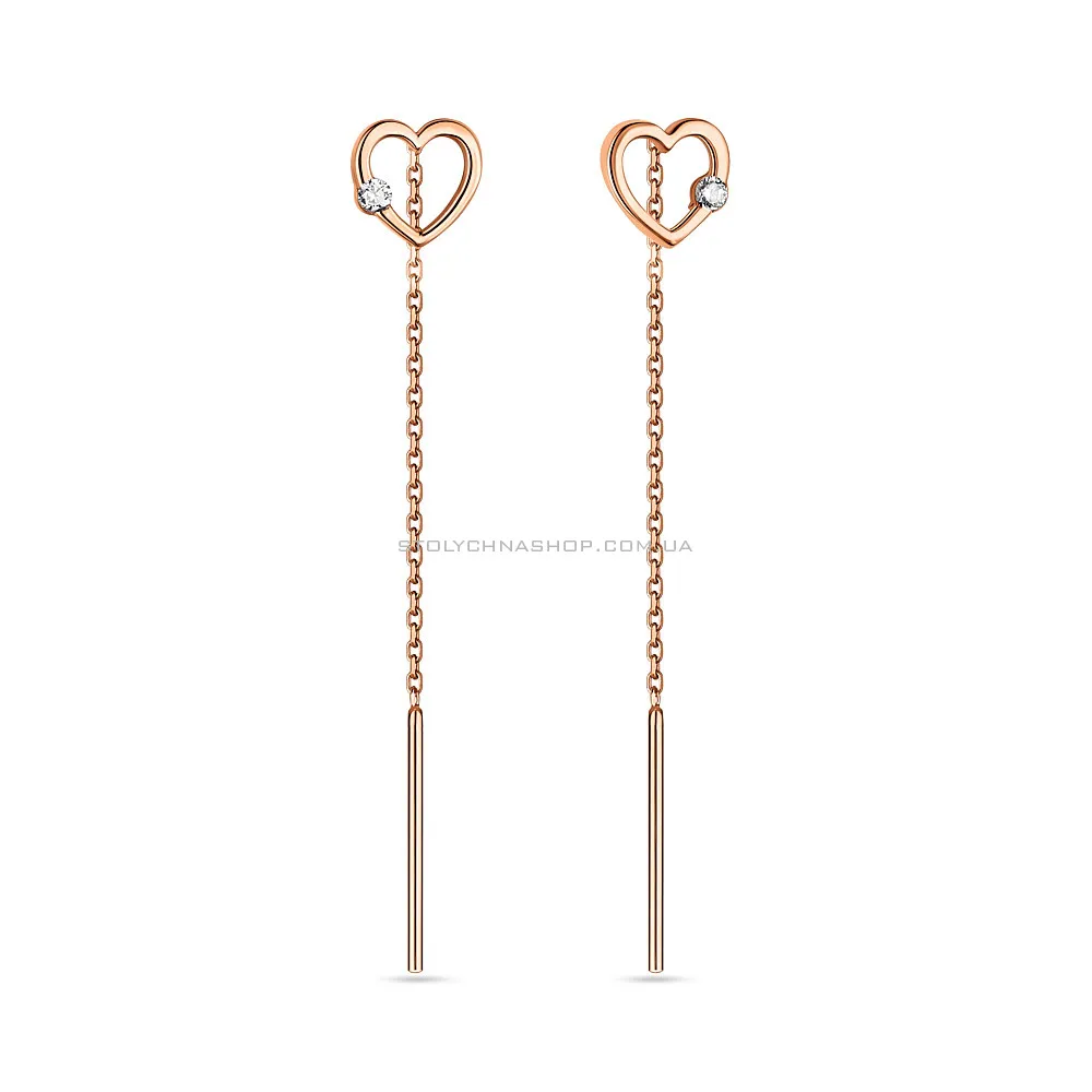 Золотые серьги-цепочки "Сердце" с фианитами (арт. 108580)