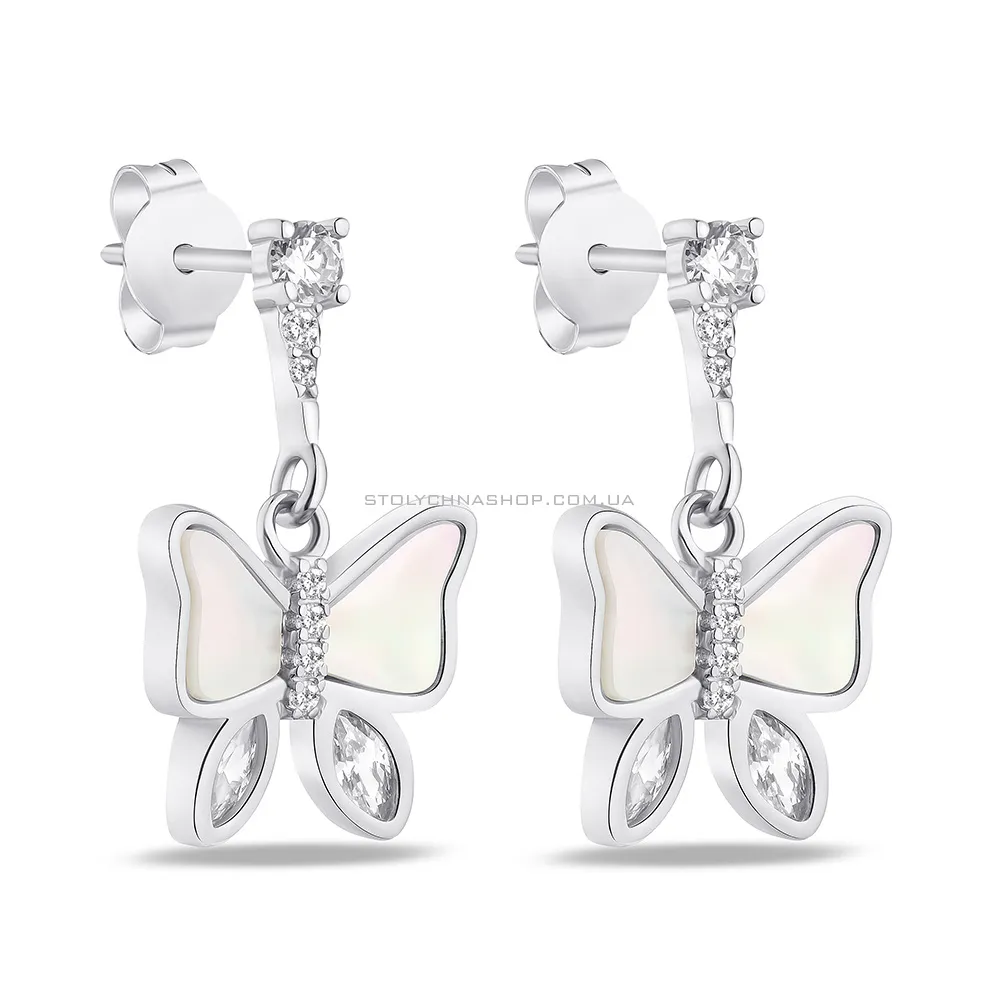 Сережки срібні "Метелики" з перламутром і з фіанітами  (арт. 7518/6230п)