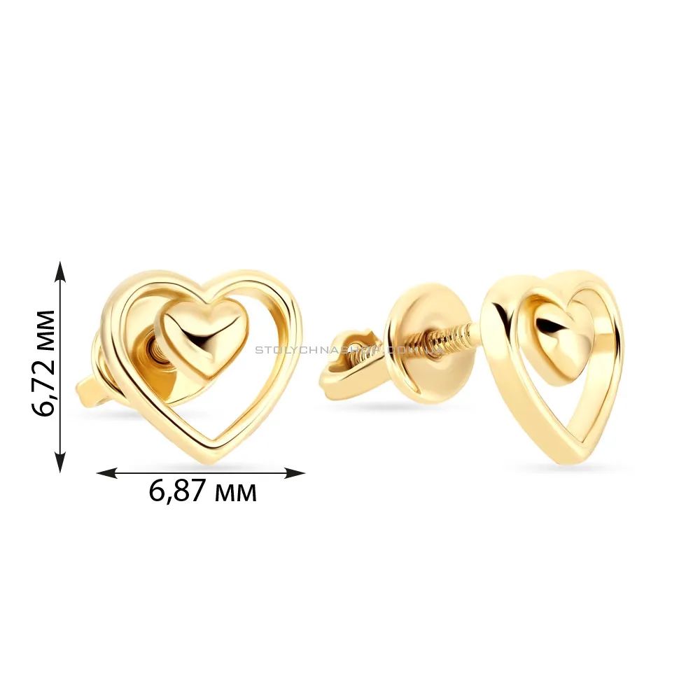 Сережки-пусети «Сердечка» з жовтого золота  (арт. 107218ж) - 2 - цена