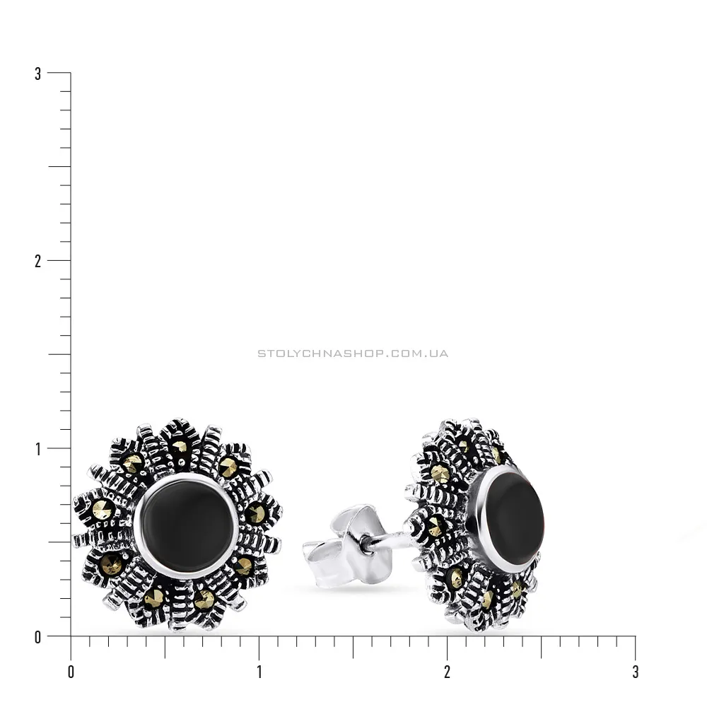 Срібні сережки з оніксом  і марказитами (арт. 7418/5242мрко)