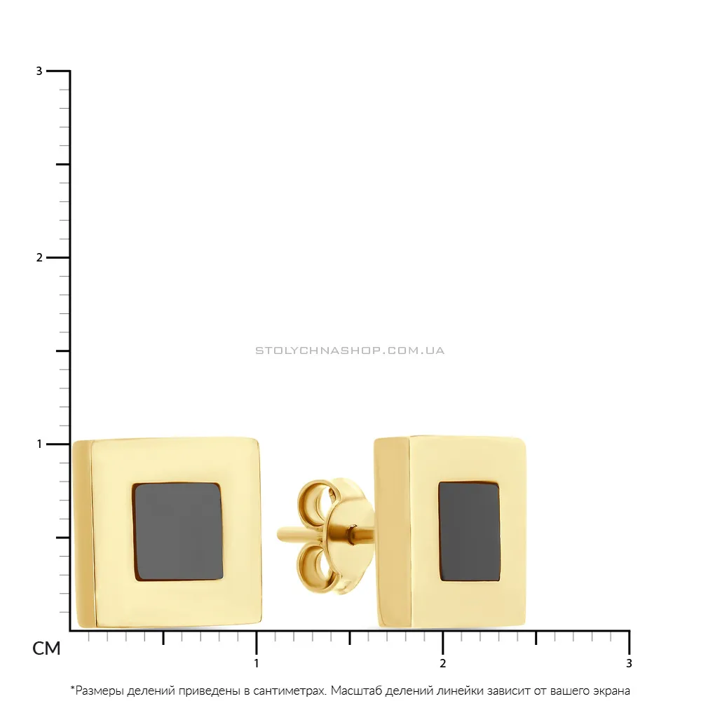 Серьги-пусеты из желтого золота «Квадраты» с ониксом (арт. 106744жо)