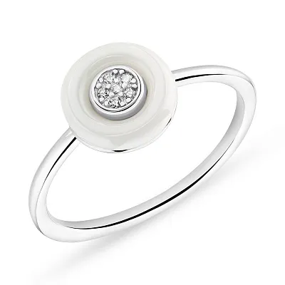 Кольцо серебряное с белой керамикой и фианитами  (арт. 7501/5550кмб)