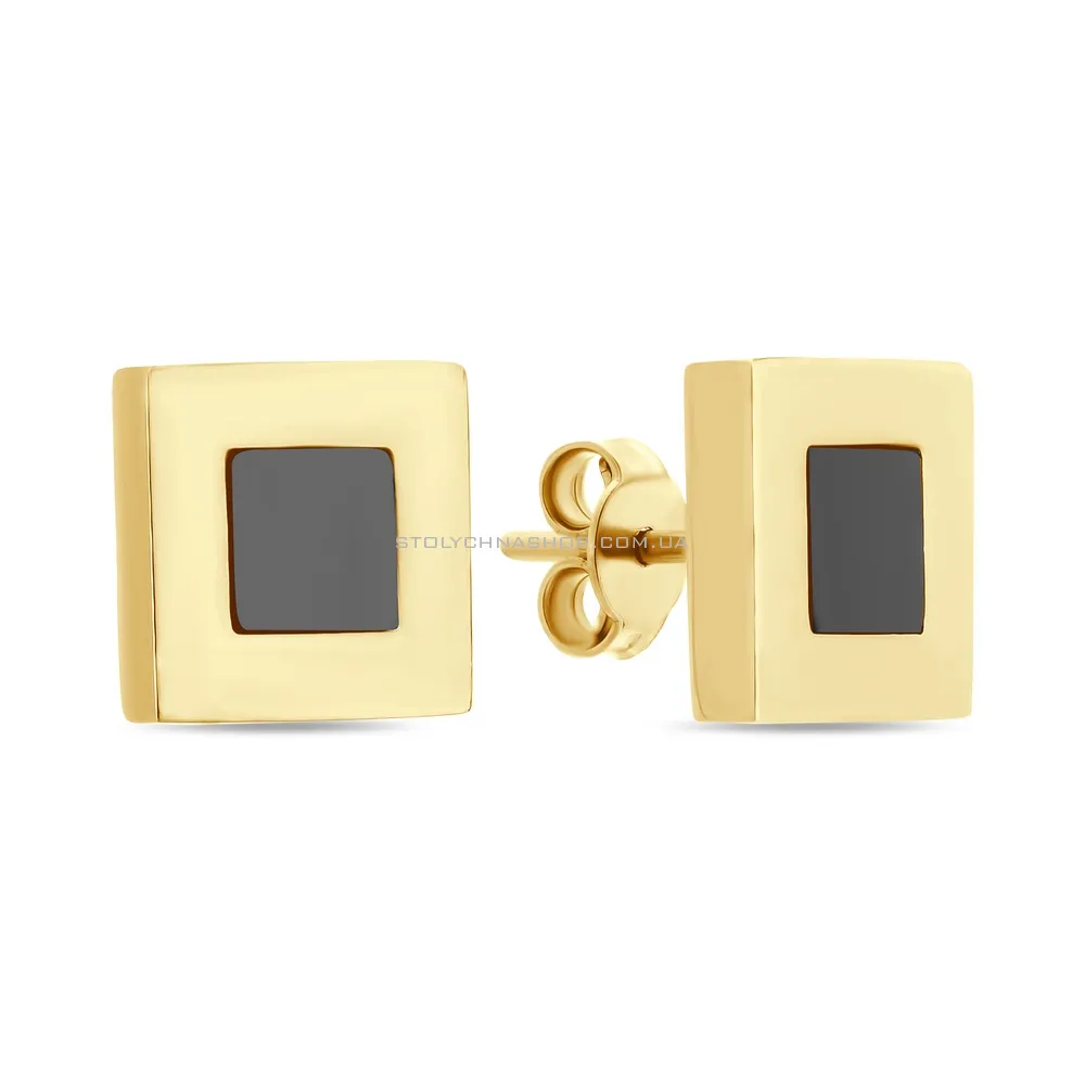 Сережки-пусети з жовтого золота «Квадрати» з оніксом (арт. 106744жо) - цена