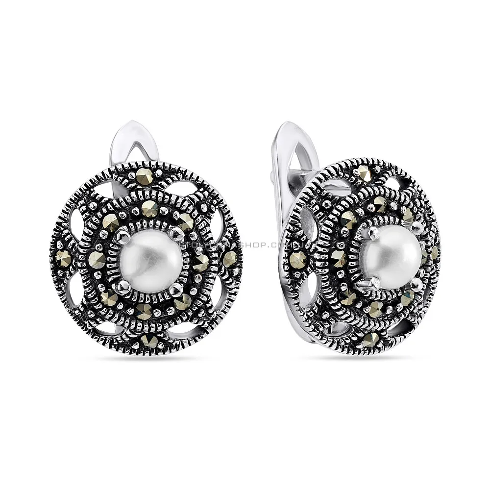 Срібні сережки з перлами і марказитами (арт. 7402/3754мркжб) - цена