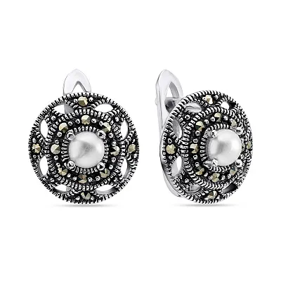 Срібні сережки з перлами і марказитами (арт. 7402/3754мркжб)