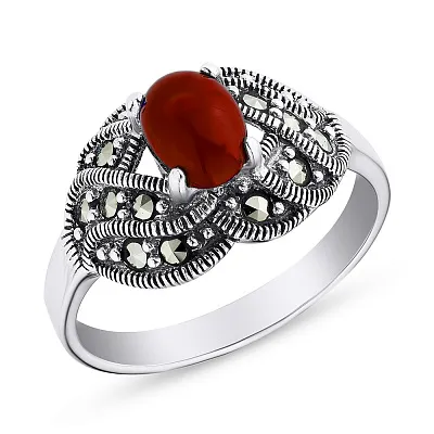 Серебряное кольцо с кораллом и марказитами (арт. 7401/3997мкрКрк)