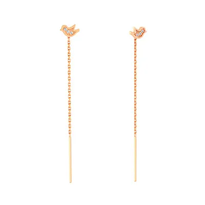 Золоті сережки-протяжки "Пташка" з фіанітами  (арт. 110053)