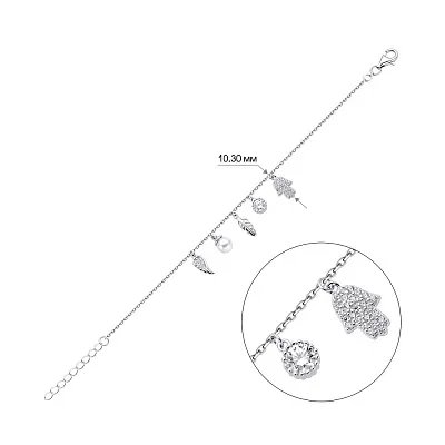 Серебряный браслет с жемчугом и подвесками  (арт. 7509/3492жб)
