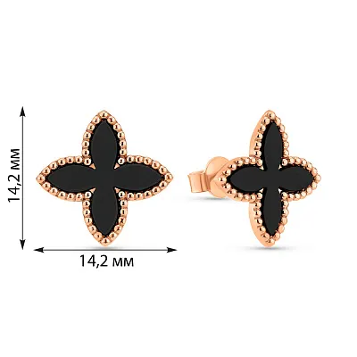 Золотые серьги-пусеты Клевер с ониксом (арт. 1091538/15о)