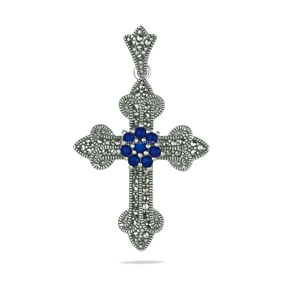 Хрестик зі срібла з оніксом і марказитами (арт. 7403/2866мркос)
