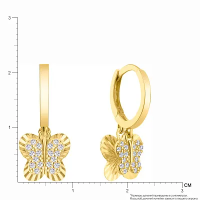 Золотые серьги подвески «Бабочки» с фианитами (арт. 107161ж)