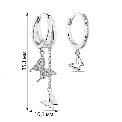 Серебряные серьги-кольца Бабочки с подвеской и перламутром (арт. 7502/9162/15п)