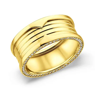 Широкое кольцо из желтого золота с фианитами (арт. 155458ж)