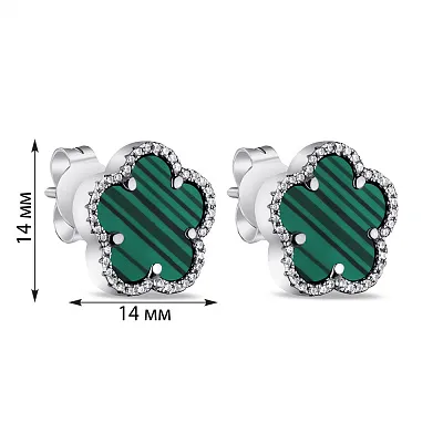 Срібні сережки-пусети з малахітом і фіанітами (арт. 7518/6698/15млх)