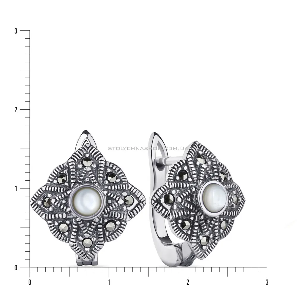 Сережки серебряные с перламутром и марказитами (арт. 7402/4087мркп) - 2 - цена