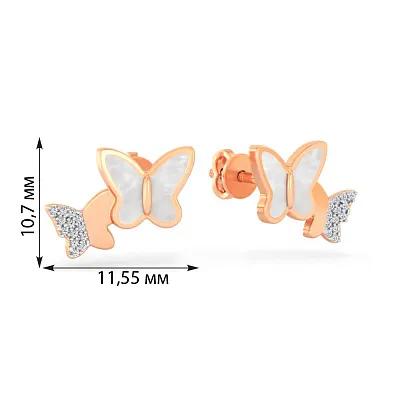 Сережки-пусети Метелики з червоного золота з фіанітами та емаллю (арт. 111209еп)