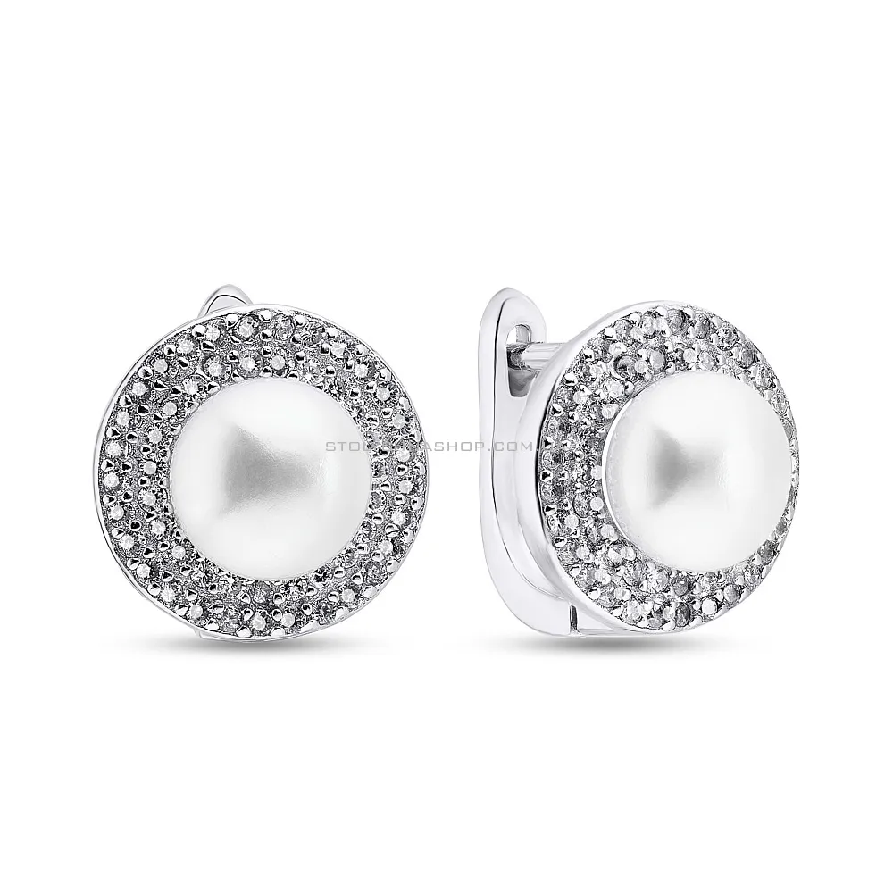 Срібні сережки з перлами і фіанітами (арт. 7502/2937жб)