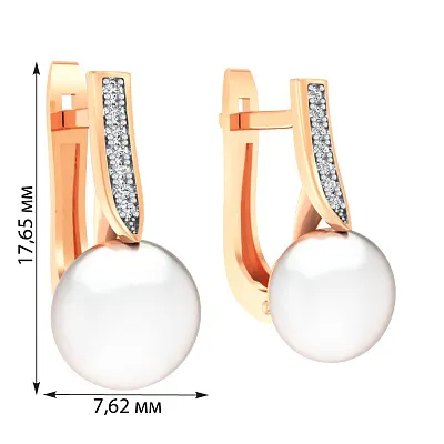 Сережки з червоного золота з перлами і фіанітами  (арт. 111179)