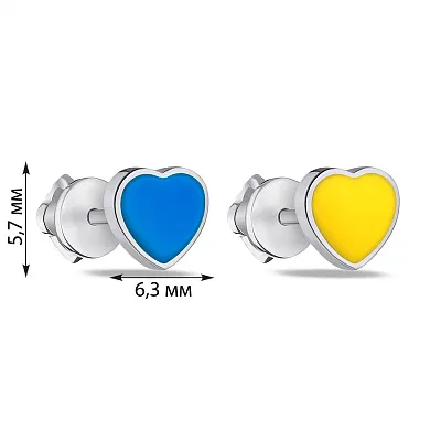 Сережки-пусети зі срібла Сердечка з синьою та жовтою емаллю (арт. 7518/797егжсю)