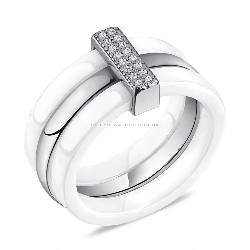 Серебряное кольцо с белой керамикой и фианитами  (арт. 7501/1629б065)