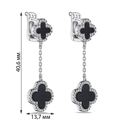 Серьги-подвески из серебра &quot;Клевер&quot; с ониксом  (арт. 7502/3219о)