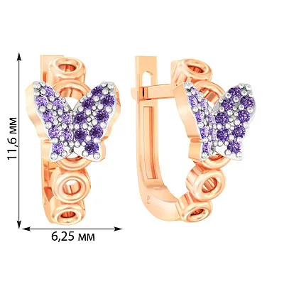 Дитячі сережки "Метелики" з золота з фіолетовими фіанітами  (арт. 110480ф)