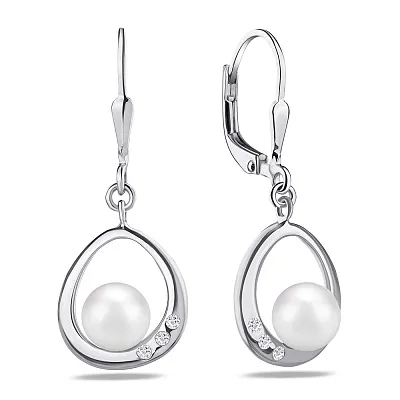 Срібні сережки-підвіски з перлами  (арт. 7502/3497жб)