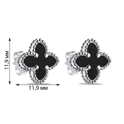 Серебряные серьги-пусеты Клевер с ониксом (арт. 7518/6649/10о)
